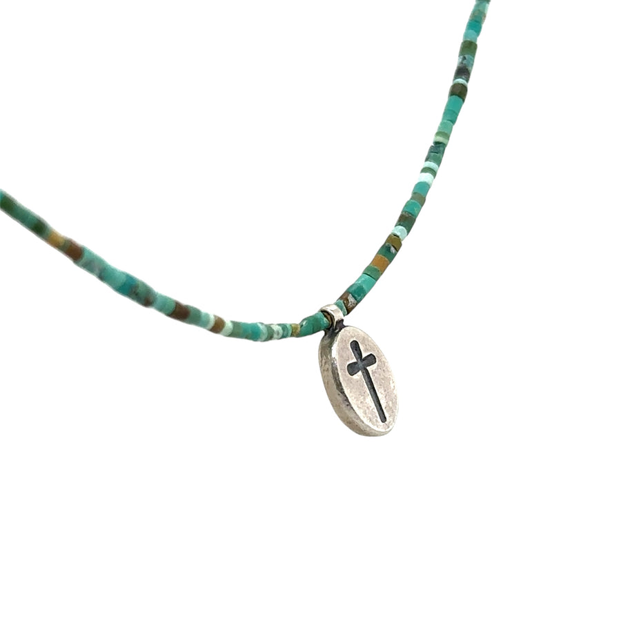 Necklace - Tiny Matte Turquoise Heishi Beads with Cross Pendant