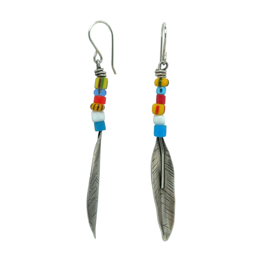 Earrings - Silver Feathers with Vintage Beads
