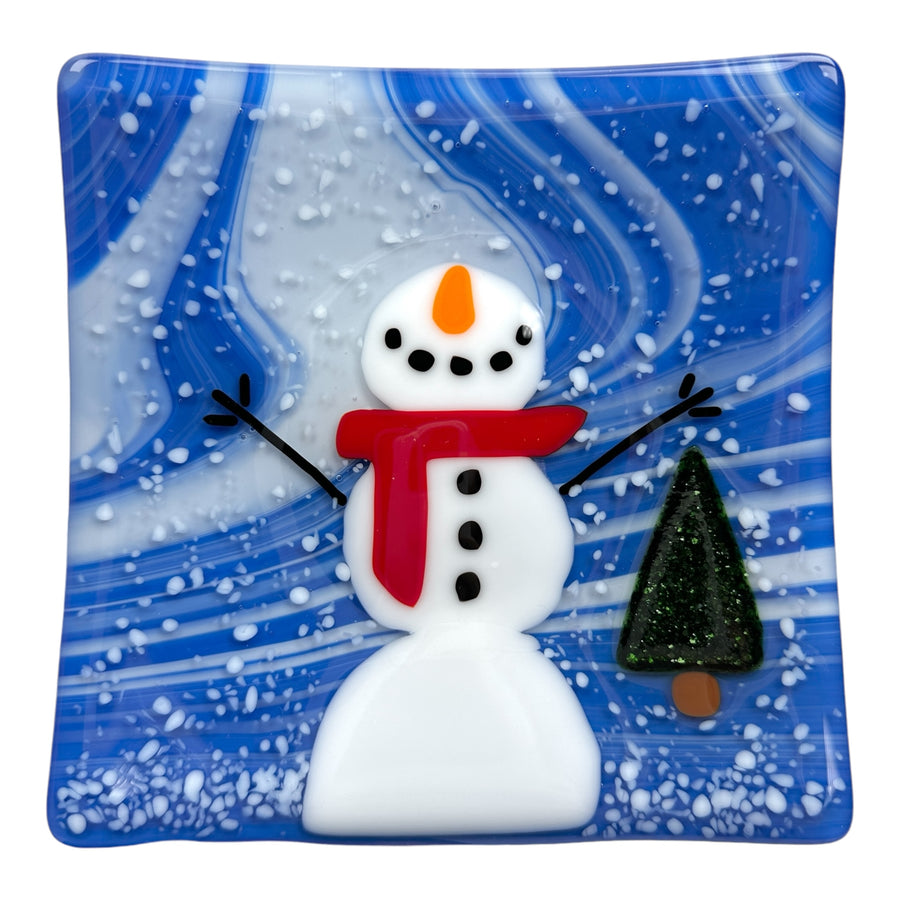 Snowman Plate - Red Scarf and Green Glitter Tree