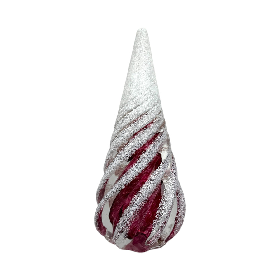 Large Spiral Glass Tree with Snow - Ruby