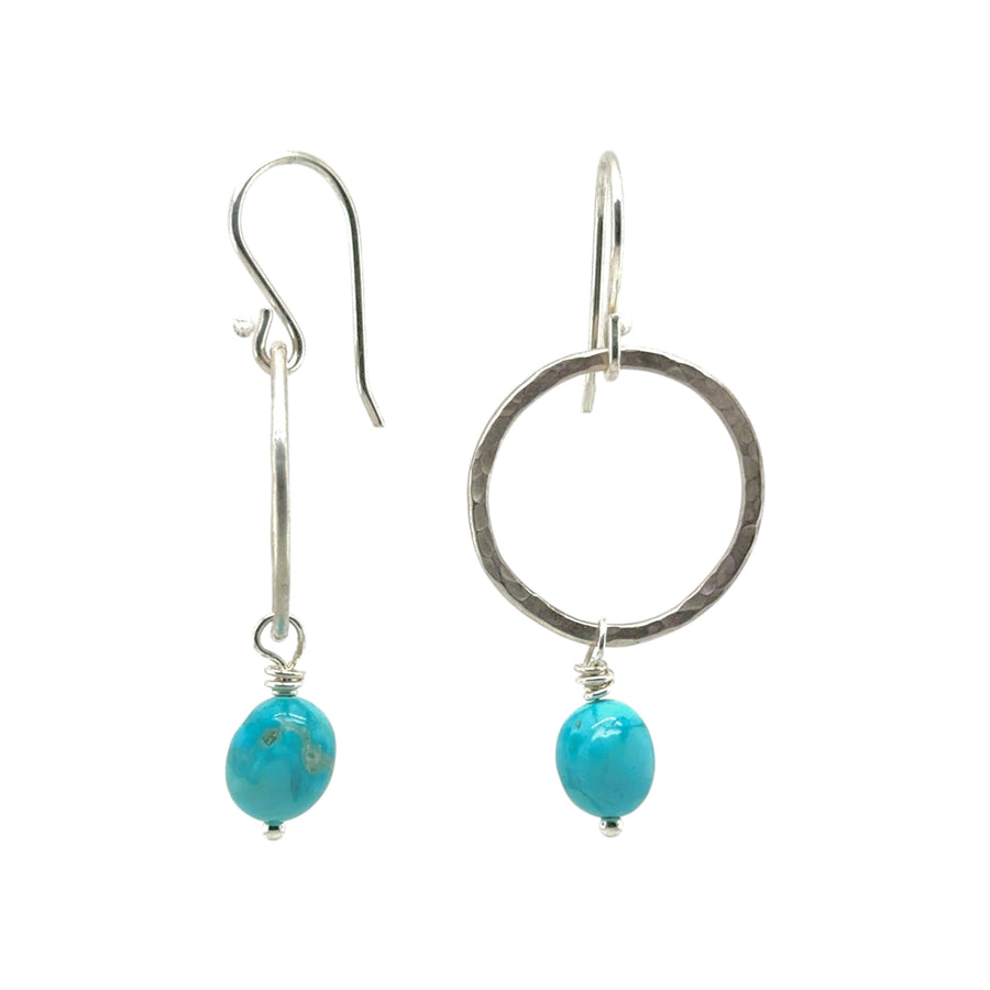 Earrings - Silver Hammered Circle with Turquoise