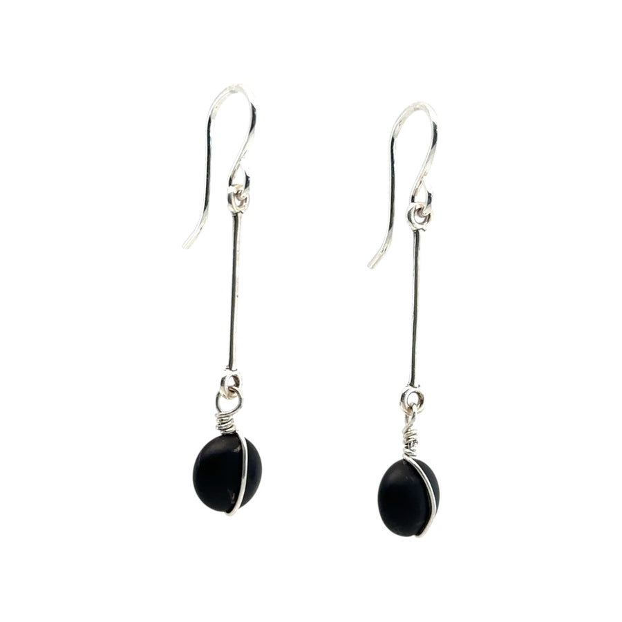 Earrings - Sterling Bar with Matte Onyx Sterling Wrapped Coin