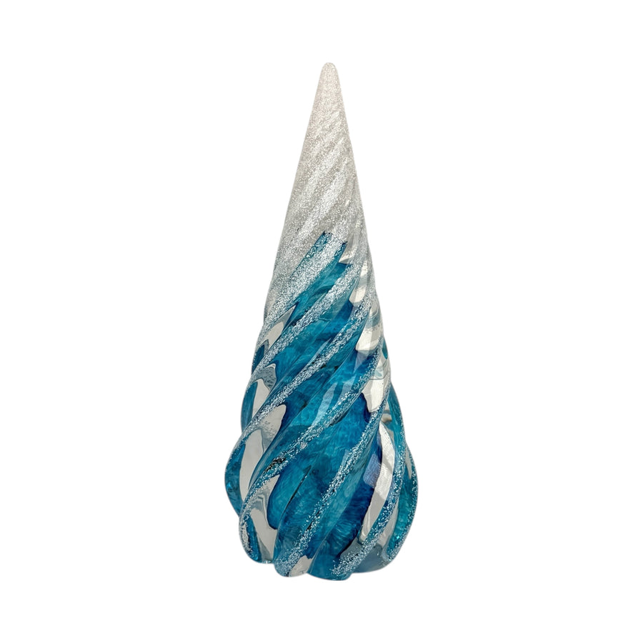 Large Spiral Glass Tree with Snow - Aqua
