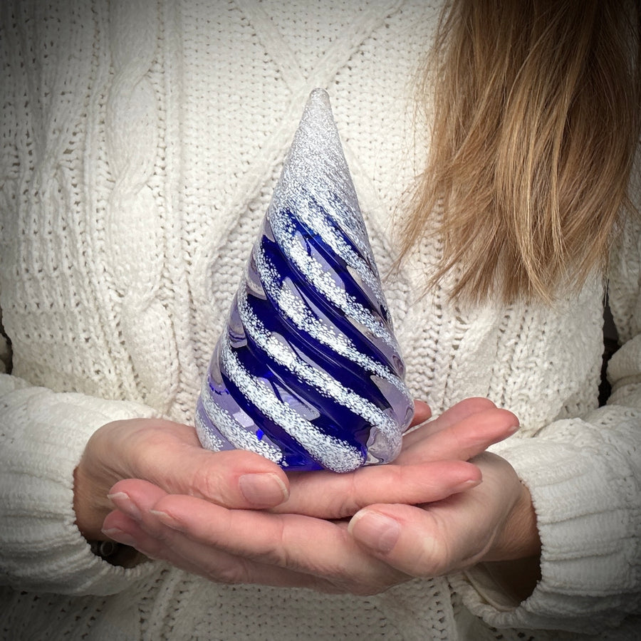 Small Spiral Glass Tree with Snow - Cobalt