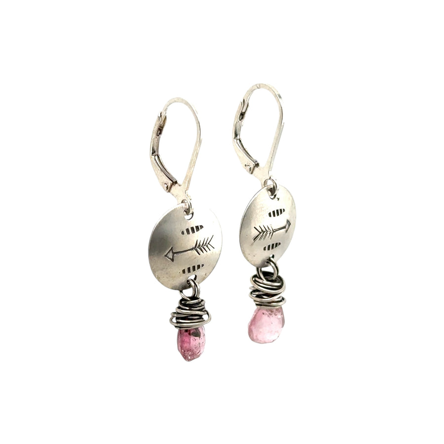 Earrings - Stamped Disks with Pink Tourmaline