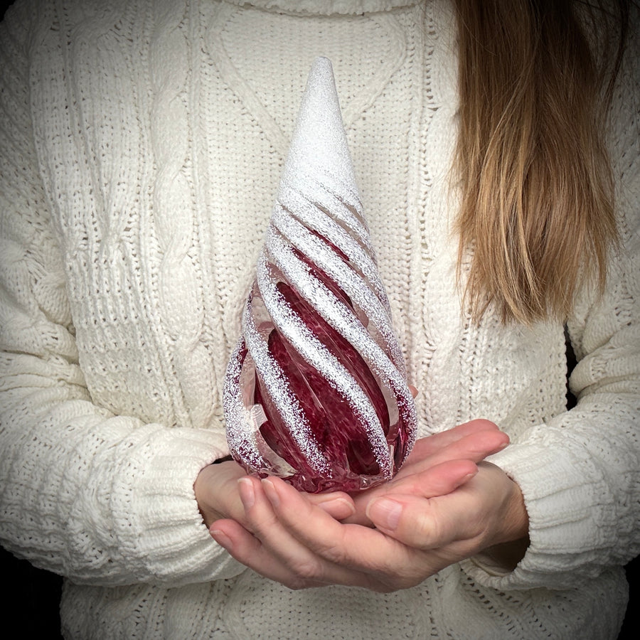 Large Spiral Glass Tree with Snow - Ruby