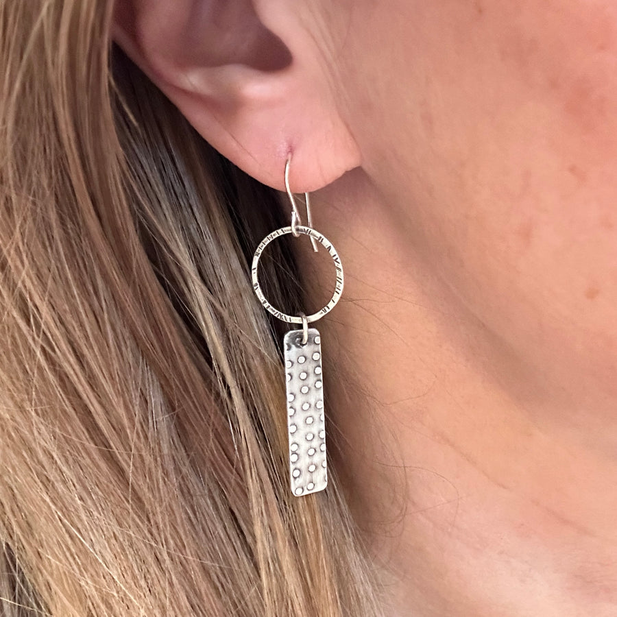 Earrings - Silver Dotty Rectangles on Circles