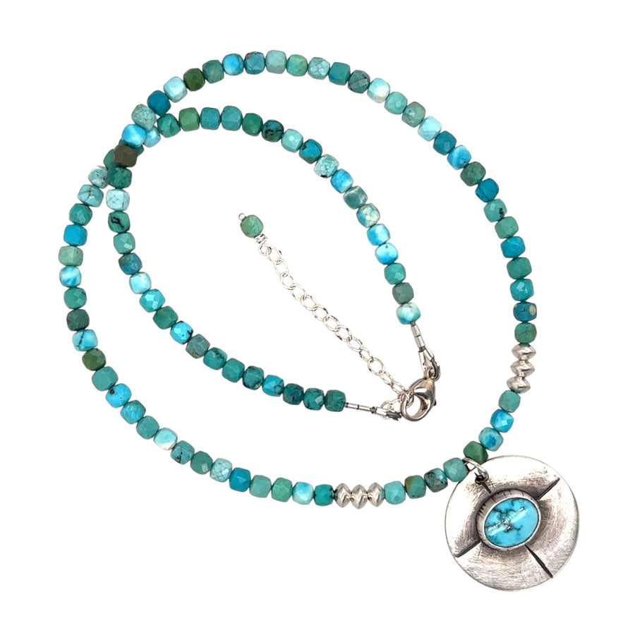 Necklace - Turquoise Shield on Cube Cut Turquoise Beads