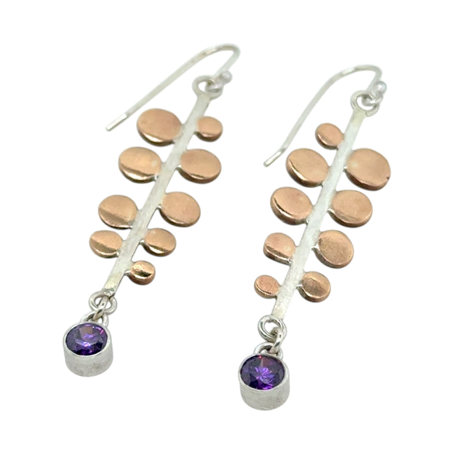 Earrings - Amethyst with Stick and Brass Discs
