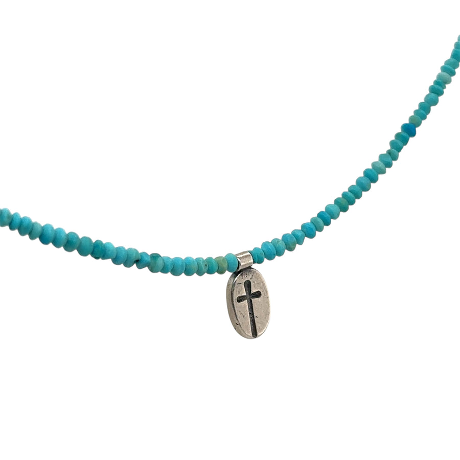Necklace - Matte Turquoise Saucers with Cross Stamped Pendant