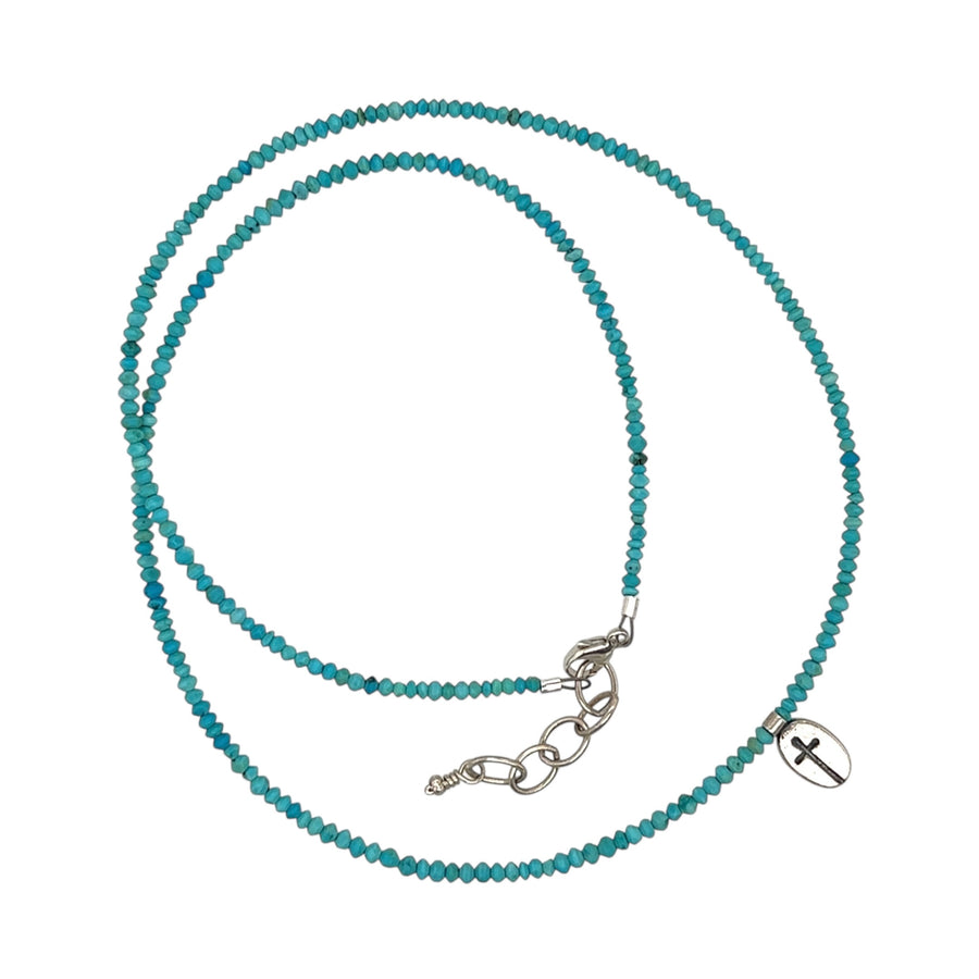 Necklace - Matte Turquoise Saucers with Cross Stamped Pendant