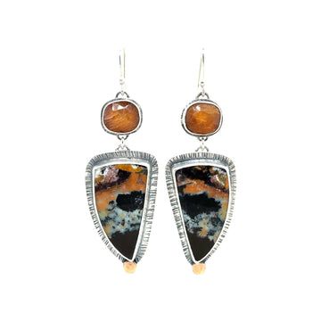 Earrings - Golden Fire Moonstone and Petrified Wood