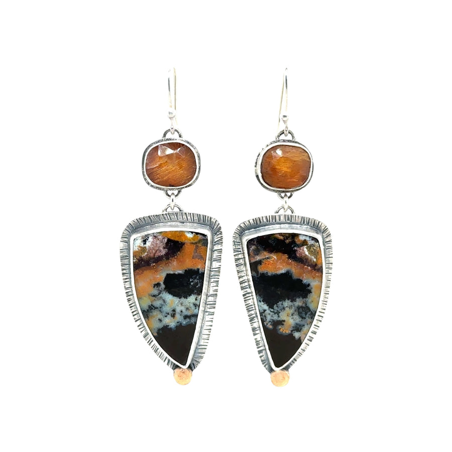 Earrings - Golden Fire Moonstone and Petrified Wood