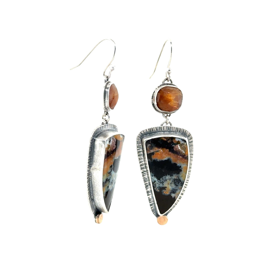 Earrings - Golden Fire Moonstone and Petrified Wood