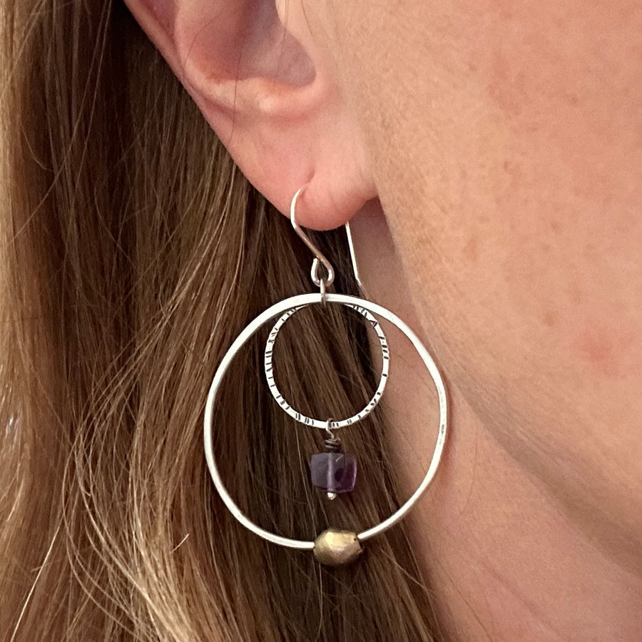 Earrings - Double Rounds with Amethyst and Brass