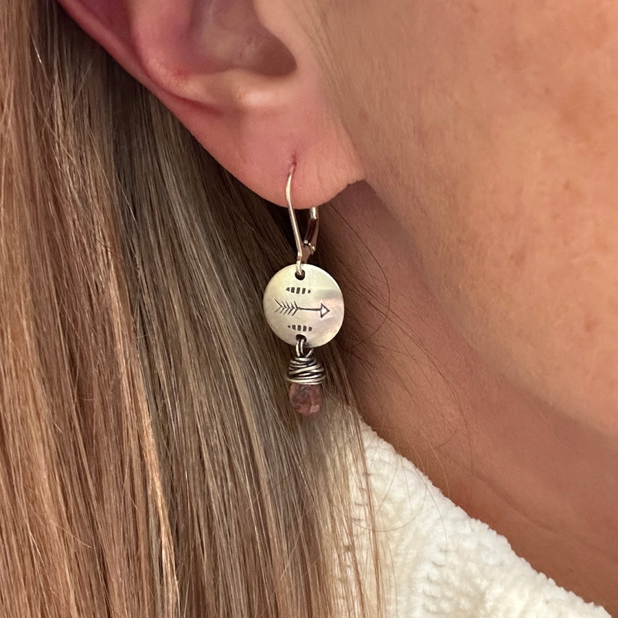 Earrings - Stamped Disks with Pink Tourmaline