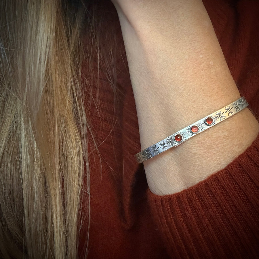 Bracelet - Stamped Cuff with Garnet - Medium/Large