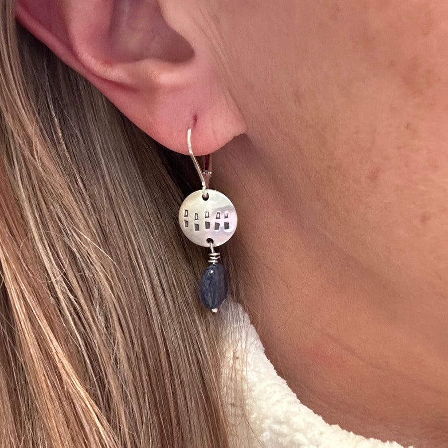 Earrings - Stamped Disks with Kyanite