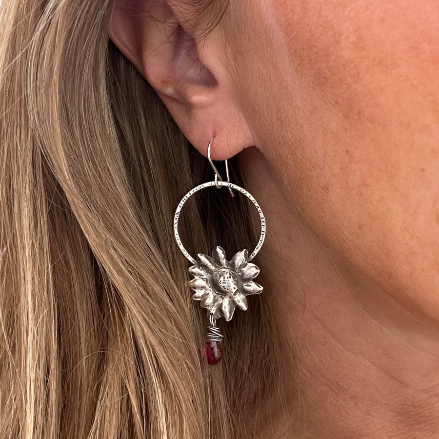 Earrings - Pink Tourmaline with Silver Repousse Flowers