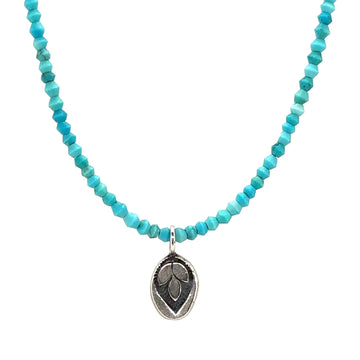 Necklace - Tiny Matte Turquoise Saucers on Silk Cord with India Leaf