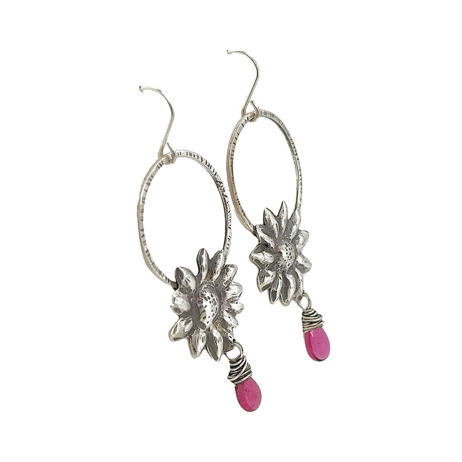 Earrings - Pink Tourmaline with Silver Repousse Flowers