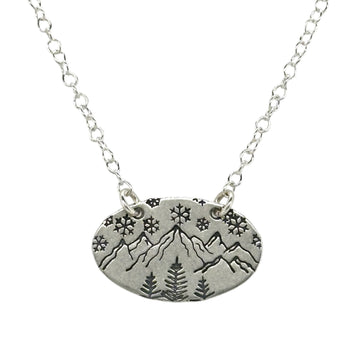 Necklace - Long Thin Oval with Mountains, Fern Pines and Snowflakes