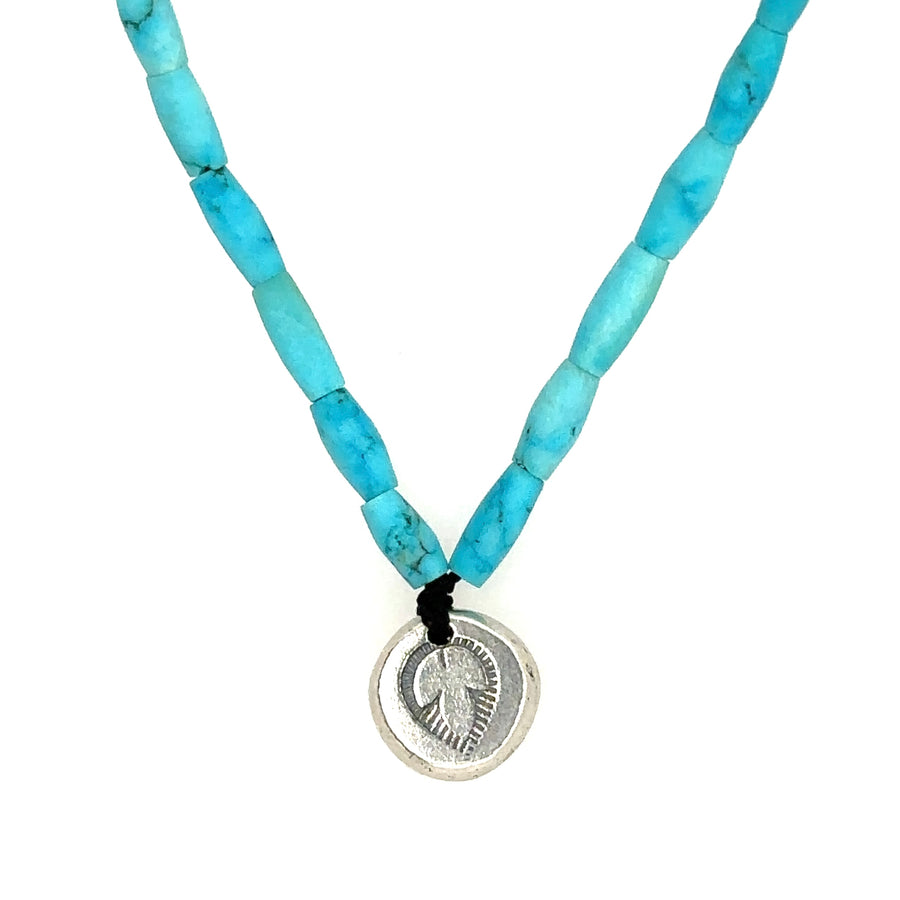 Necklace - Blue Rice Turquoise on Silk Cord with India Flower Disk