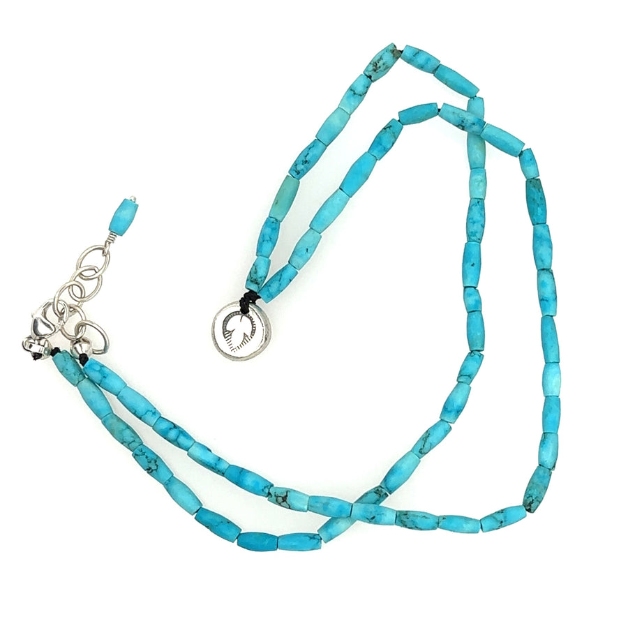 Necklace - Blue Rice Turquoise on Silk Cord with India Flower Disk