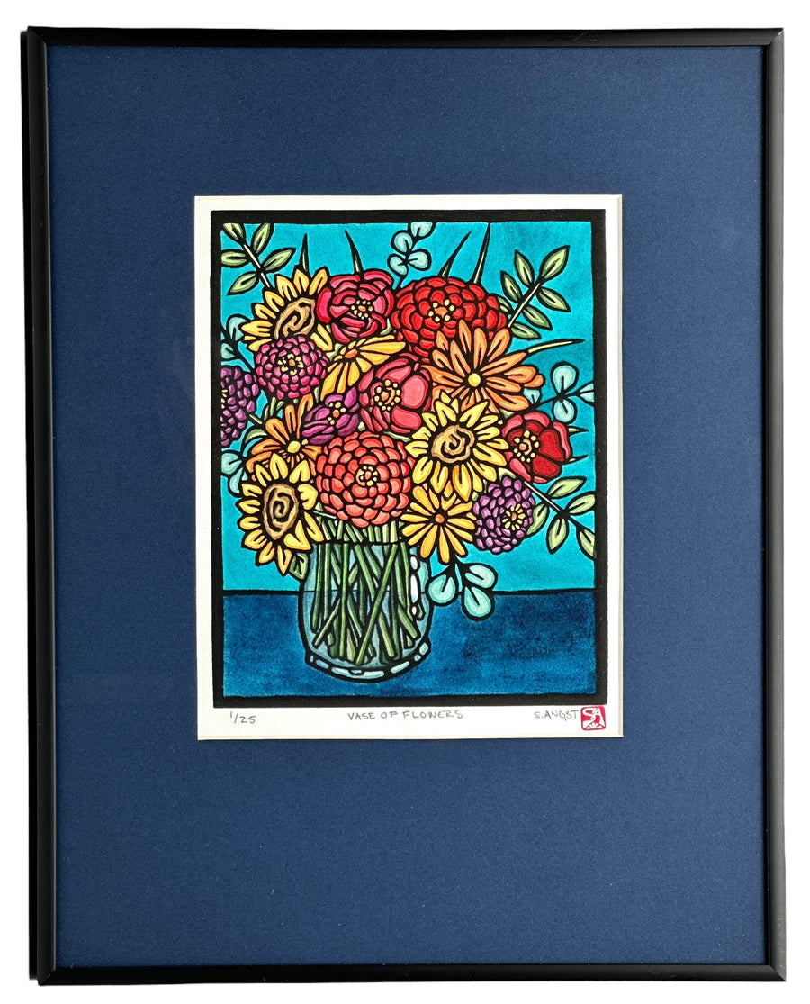 Vase of Flowers - Original Linocut