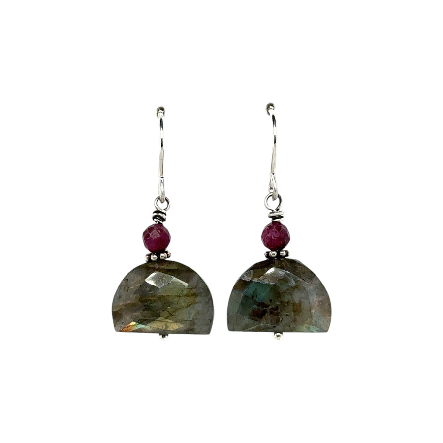 Earrings - Labradorite Moons with Ruby