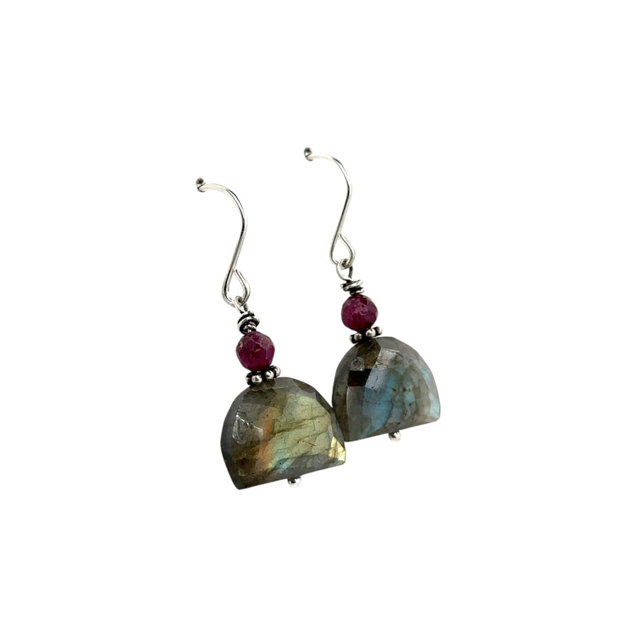 Earrings - Labradorite Moons with Ruby