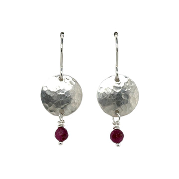 Earrings - Hammered Disks with Ruby