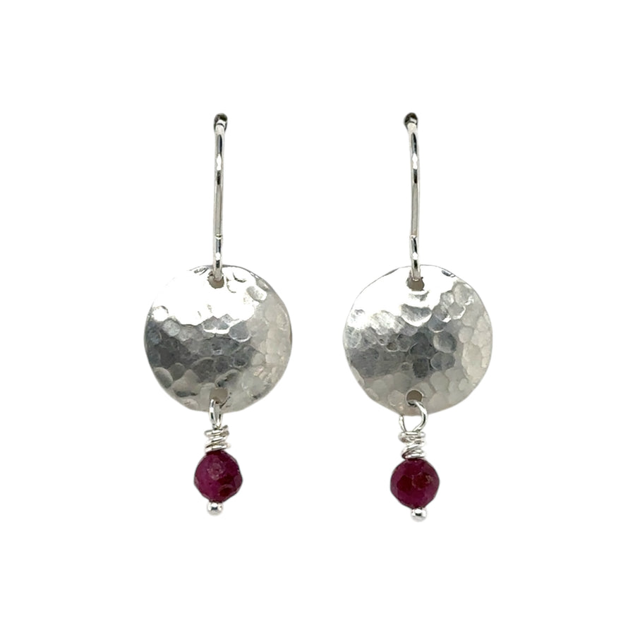 Earrings - Hammered Disks with Ruby