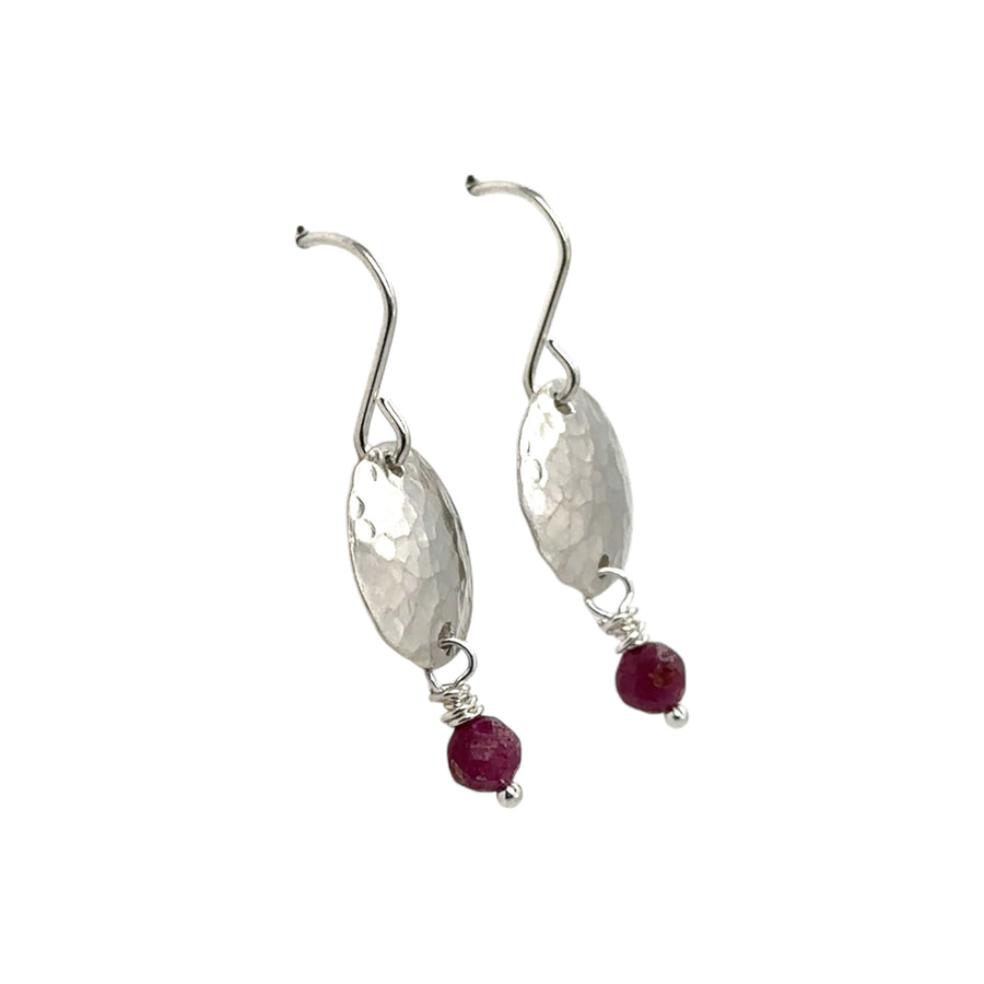 Earrings - Hammered Disks with Ruby