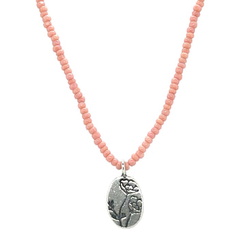 Necklace - Pale Pink Glass Charolette Seed Beads with California Poppy