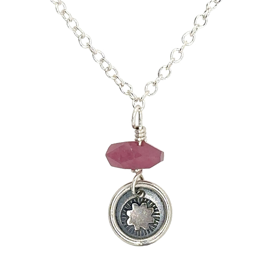 Necklace - Disk with India Flower and Ruby Drop
