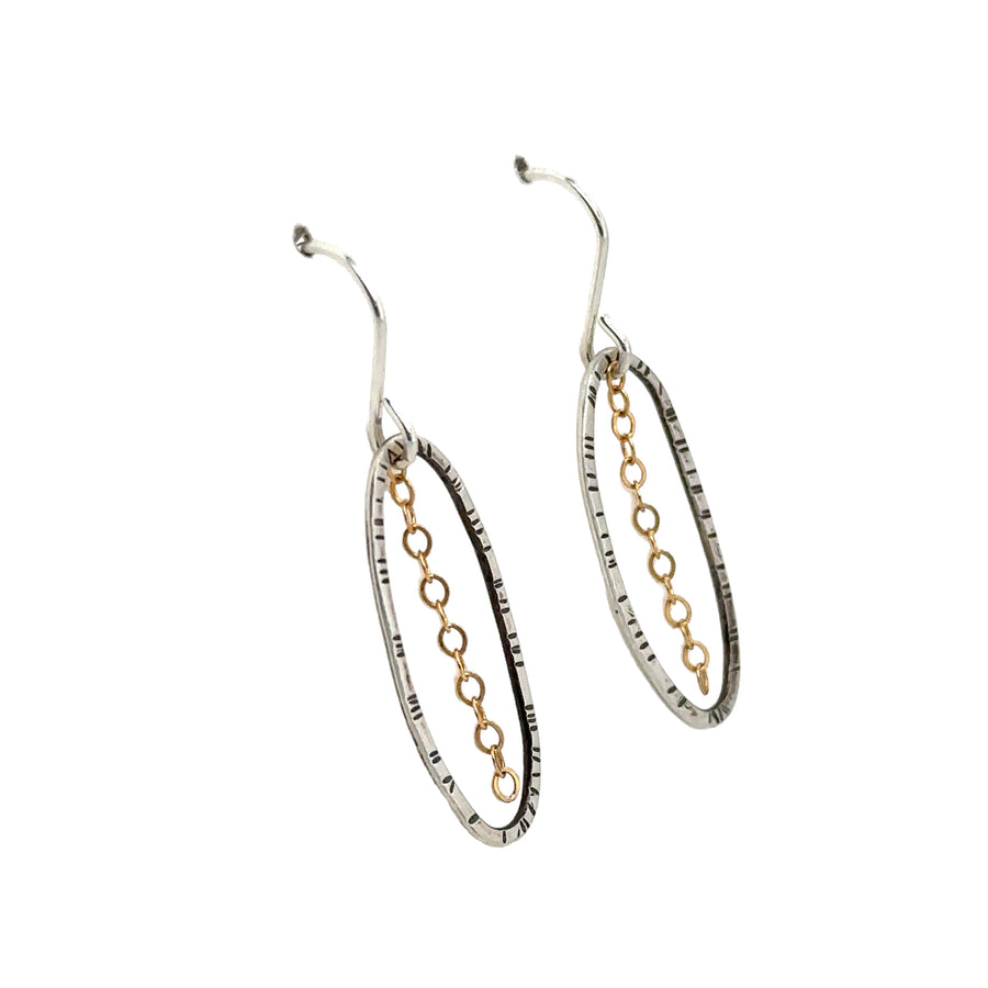 Earrings - Silver Stamped Ovals with 14K Gold Fill Chain