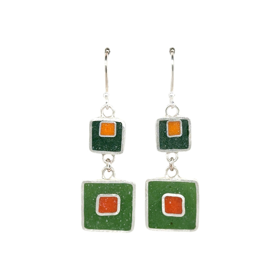 Earrings - Resin - Green, Orange and Marigold Squares