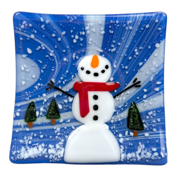 Snowman Plate - Red Scarf and Green Glitter Trees