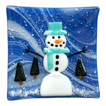 Snowman Plate - Medium Blue Hat/Scarf and Green Glitter Trees