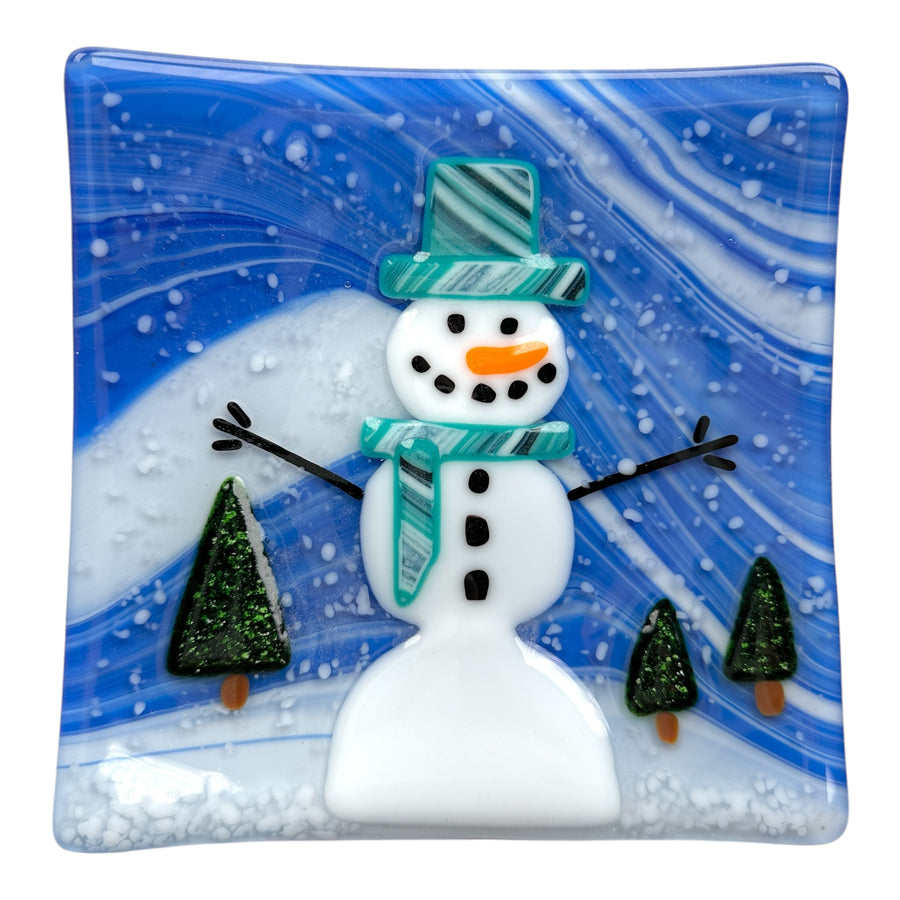 Snowman Plate - Turquoise Hat/Scarf with Trees