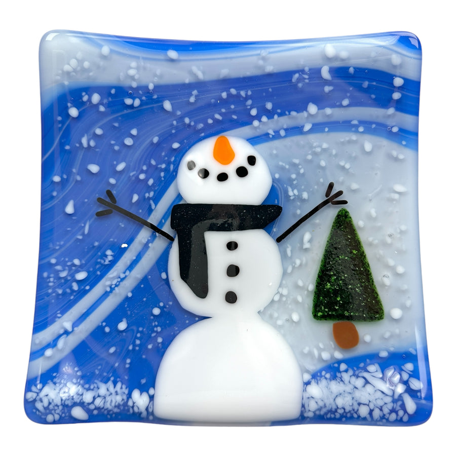 Snowman Plate - Dark Blue Glitter Scarf with Green Glitter Tree