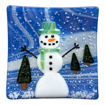 Snowman Plate - Green Hat/Scarf with Green Glitter Trees