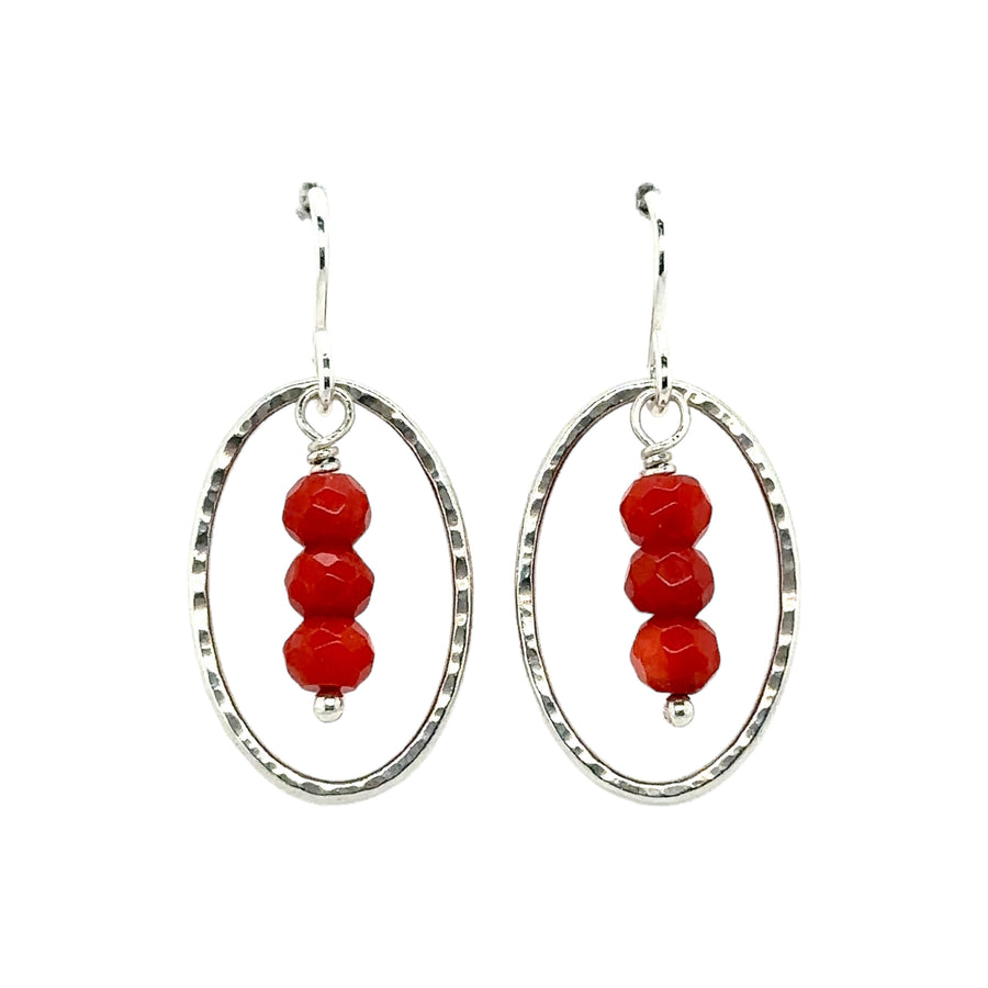 Earrings - Hammered Sterling Oval with Facet Coral Center