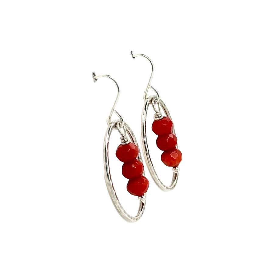 Earrings - Hammered Sterling Oval with Facet Coral Center