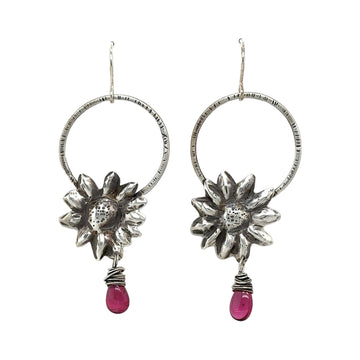 Earrings - Pink Tourmaline with Silver Repousse Flowers