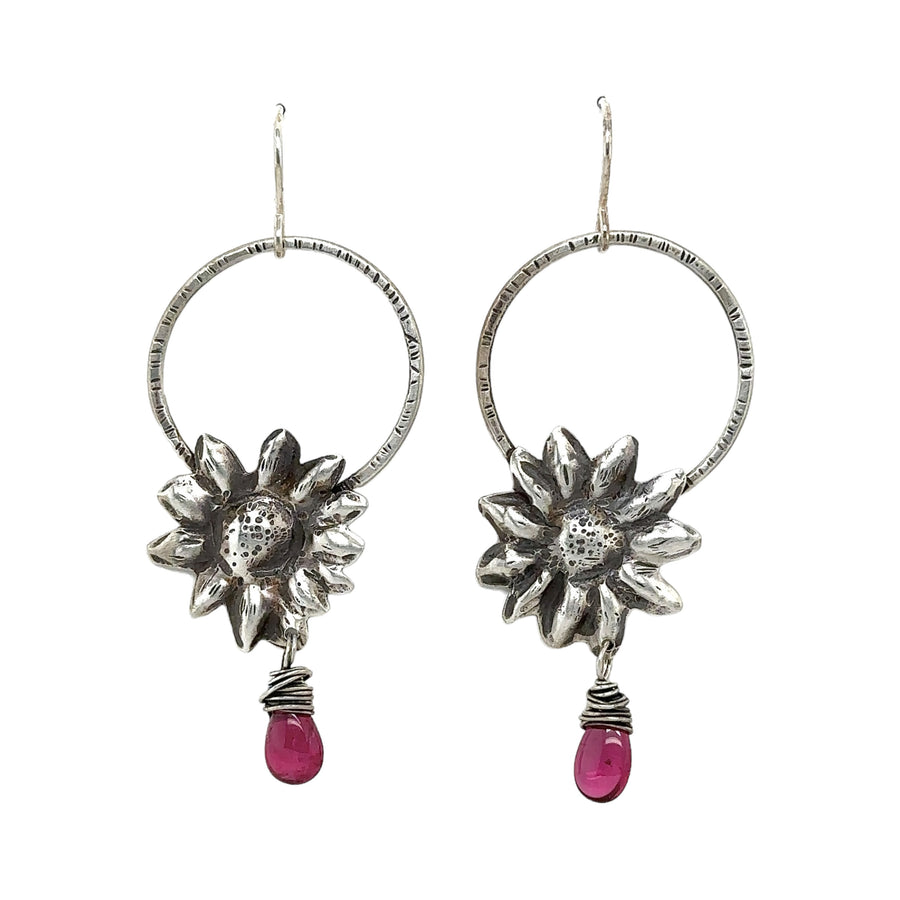 Earrings - Pink Tourmaline with Silver Repoussé Flowers