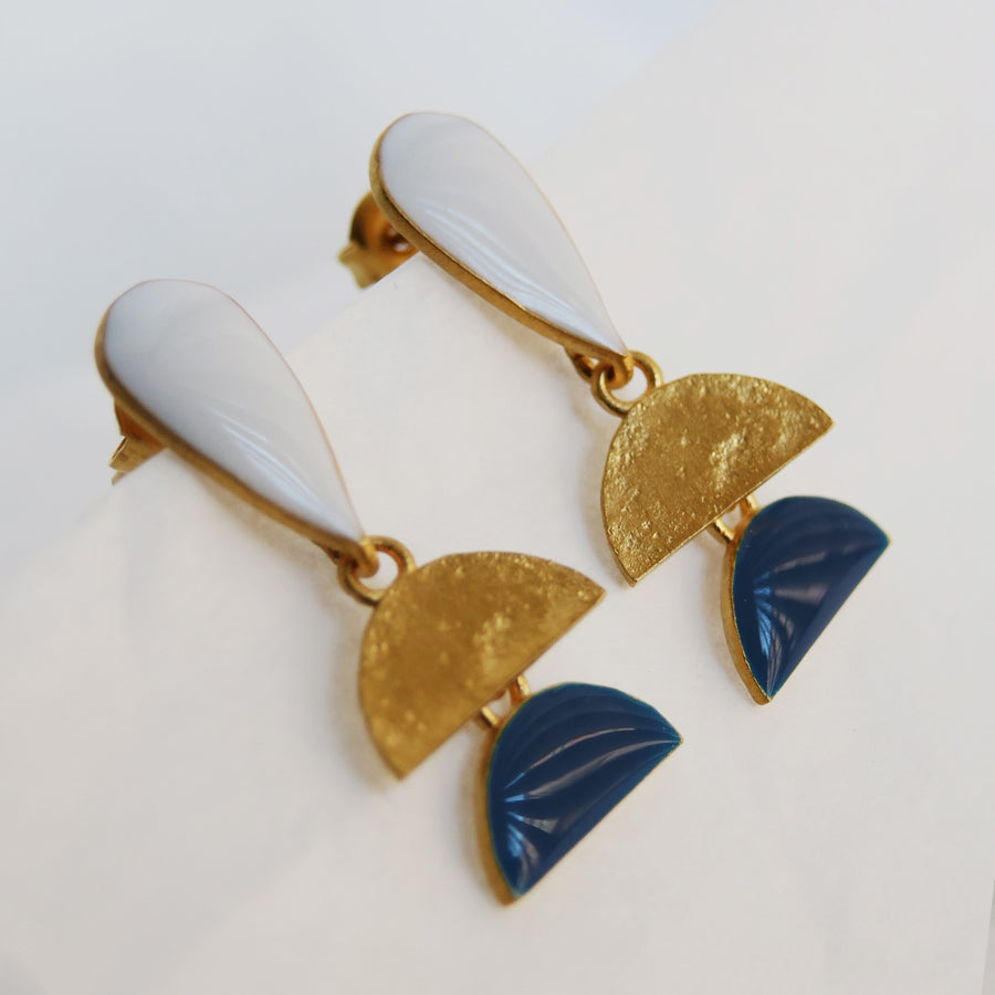 Somni - Earrings - White Drop and Blue Semi-Circle