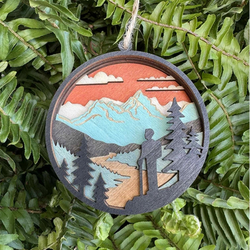 Hiker and Mountains Ornament