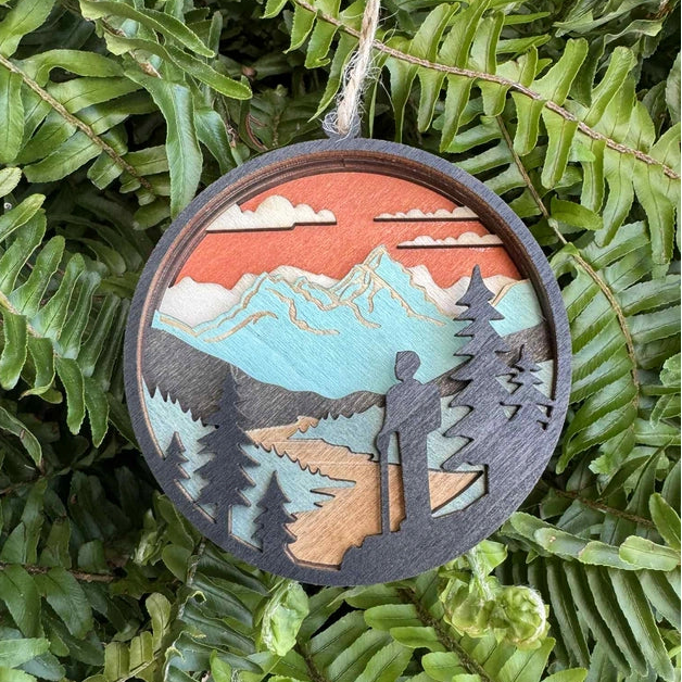 Hiker and Mountains Ornament